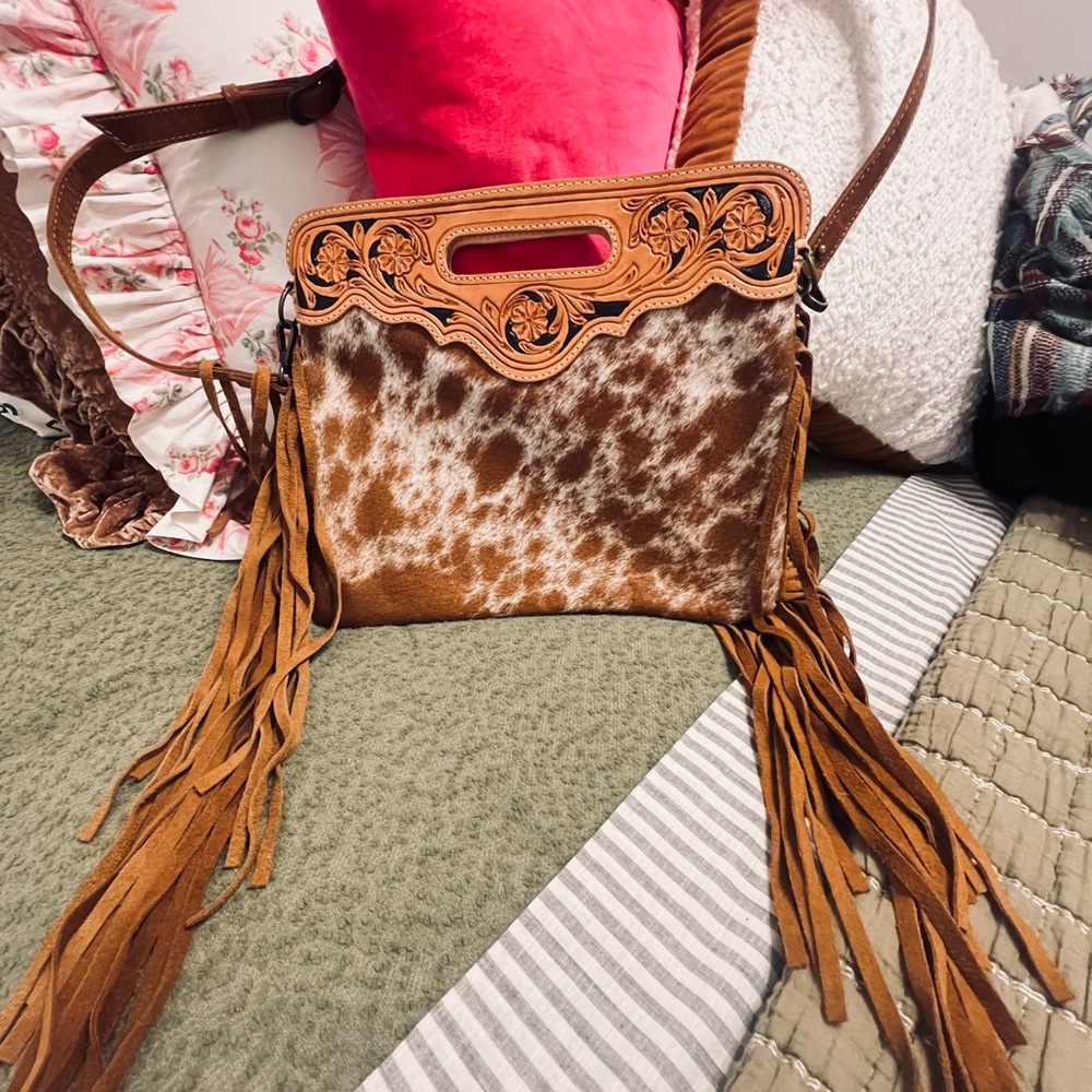 American Darling Tan Leather cowhide Crossbody Bag with Fringe